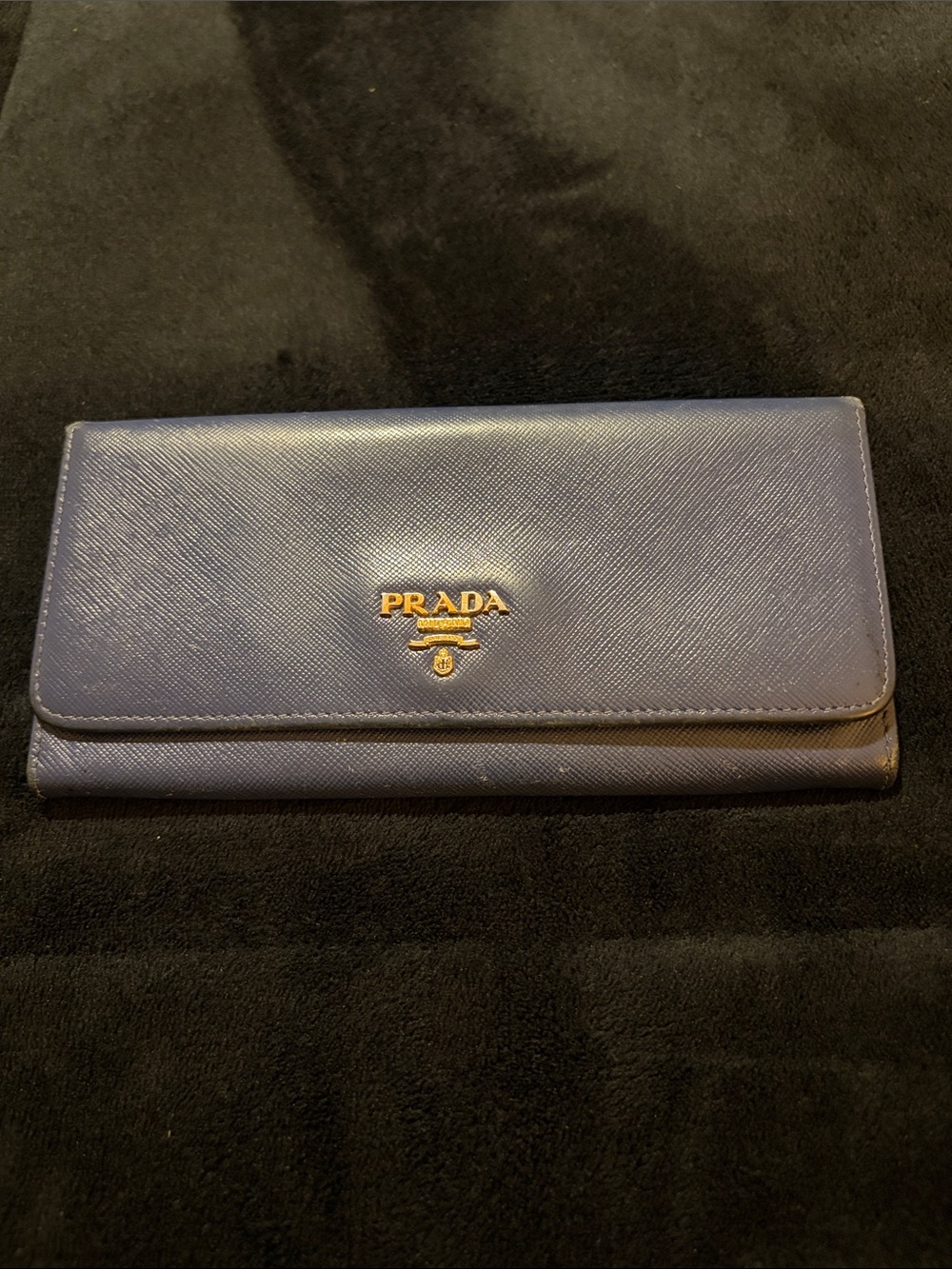 Prada Navy Blue Saffiano Leather Continental Wallet with Gold Logo